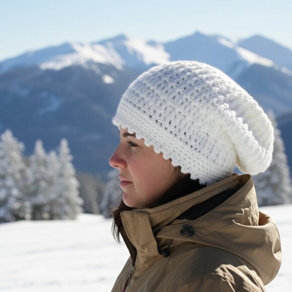 Handmade White Crochet Slouchy Beanie Worsted Weight Winter Hat Soft Acrylic - Picture 6 of 10